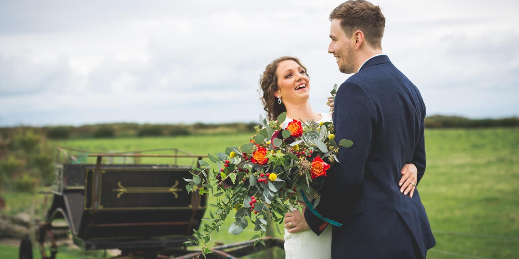 Autumn Wedding barn devon K&C flowers cart