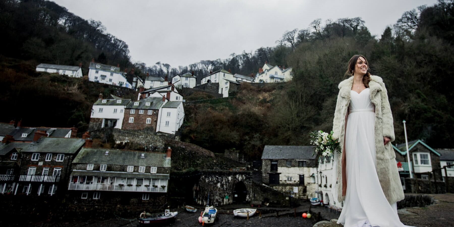 Spring wedding barn M&M fur coat clovelly