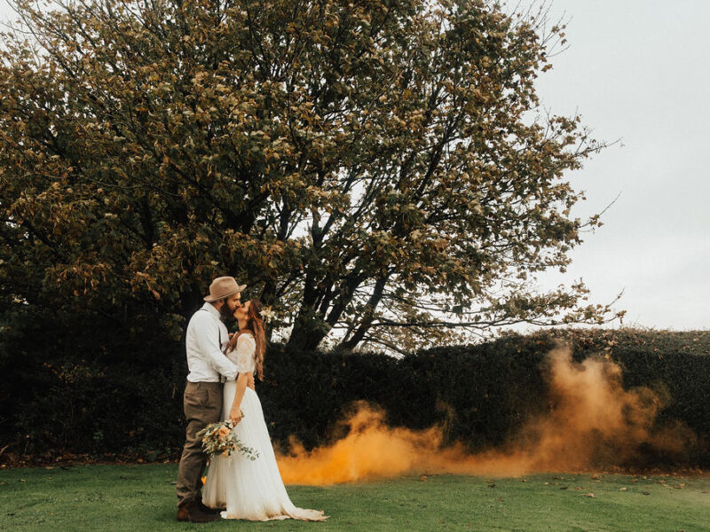 boho kiss wedding smoke autumn
