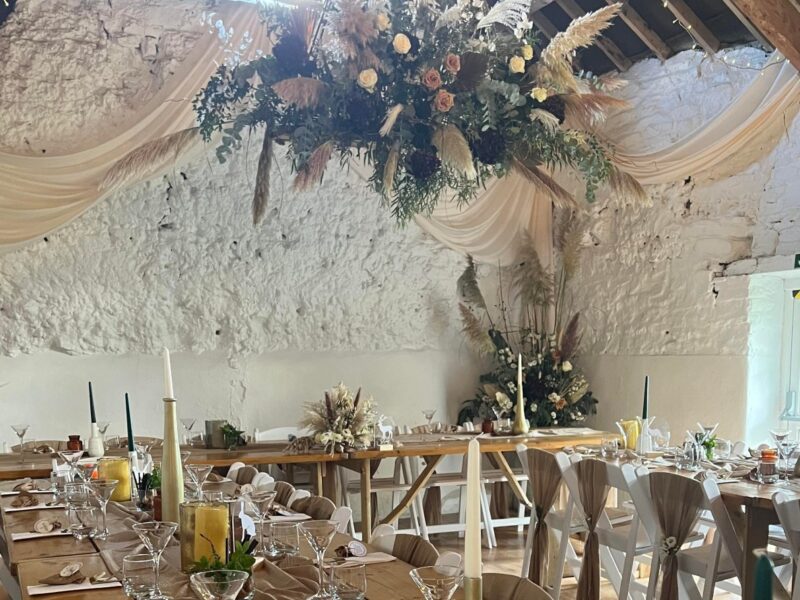 Floral chandelier Devon wedding venue autumn RC